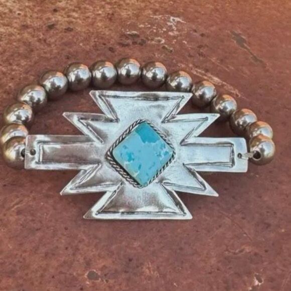 Southwestern Aztec Bracelet – Turquoise & Silver Beads Boho Western Style New - Picture 3 of 3